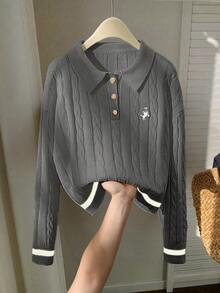 Franclia Contrast Trim Simple Long Sleeve Embroidered Horse Head Polo Collar Knit Sweater Preppy Tops Pullover Sweater Button Up Sweater