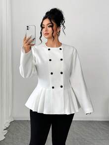 Elenzga Plus Size Round Neck Long Sleeve Double-Breasted Umbrella Hem Elegant Woolen Sweater - White - View 4