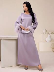 Veilorie 女士圆领毛茸茸喇叭袖优雅阿拉伯风格连衣裙 - 淡紫色 - 查看 8