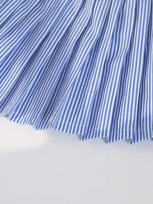 SHEIN 4-7 Years Old Girls Autumn/Winter Fashion Striped Collar V-Neck Long Sleeve Sweatshirt & Blue-White Striped Pleated Skirt 2 Piece Set - Navy Blue - View 6