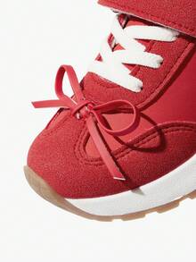 JNSQ 1 Pair Girls' Style Color Block PU Leather Bow Embroidered Fashion Casual Classic Sneakers, Suitable For All Seasons, Christmas - Red - View 7