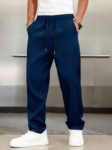 Manfinity Roghcode Men's Navy Blue Autumn Casual City Break Solid Color Sweatpants,Drawstring Loose Straight Leg Pants,Baggy Pro Club Jeans,Straight Leg Casual Pants - Navy Blue - View 1