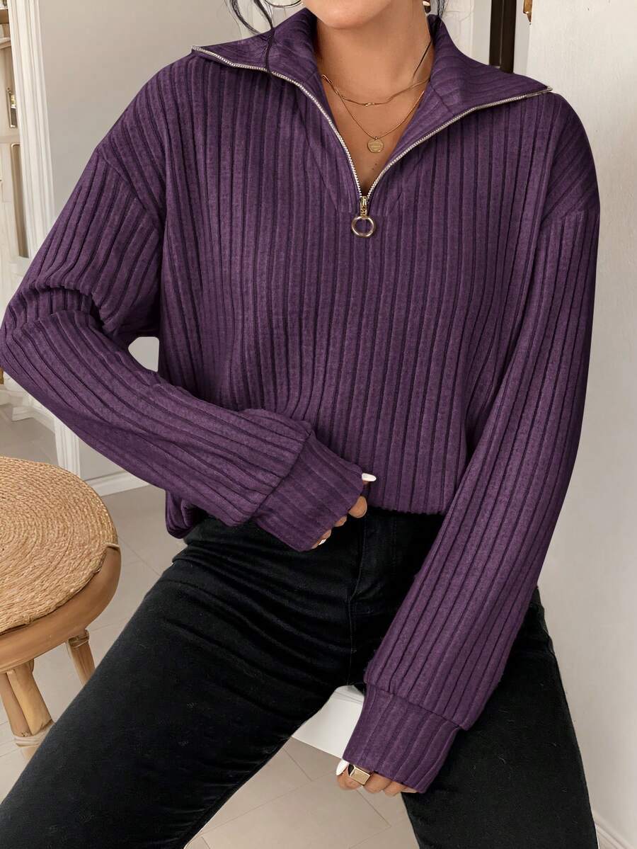 SHEIN Frenchy Zipper Front Drop Shoulder Textured Fabric Tee Winter Christmas,Fall,Fall Clothes For Women Casual Spring - Purple - View 1