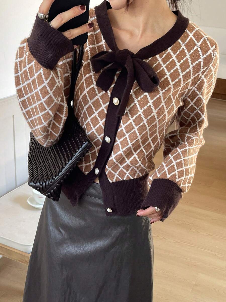 DAZY Áo khoác cardigan dệt kim kẻ sọc nhiều màu phong cách đường phố, rộng rãi, thoải mái cho nữ, phù hợp mặc công sở vào mùa thu và mùa đông - Cà phê nâu - Xem 1
