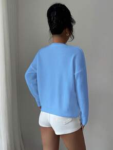 Selianne Pull ample femme à col rond unicolore avec effet ajouré - Bleu azur - Voir 2