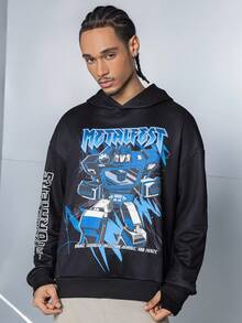 Transformers X SHEIN Sweatshirt Hoodie Kasual Pria dengan Motif Robot dan Bahu Longgar, Musim Gugur - Hitam - View 4