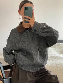 DAZY Women's Loose Fit Plaid Patchwork Wool Blend Jacket, Casual Business Office Wear, Fashion Outdoor Street Style, Autumn/Winter Women Coats - Grey - View 5