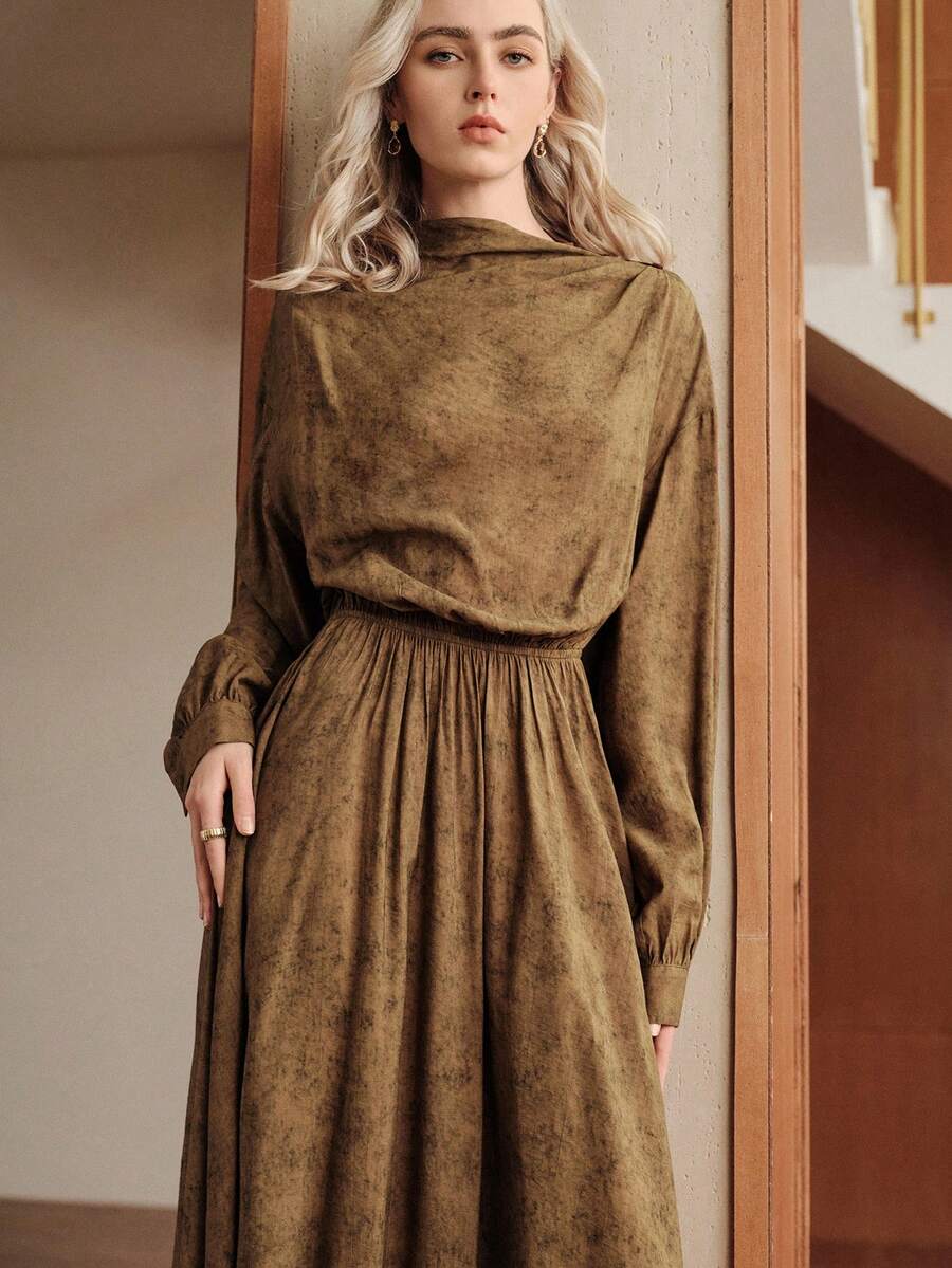 Uhlyne 女式秋季新款简约休闲通勤户外返校装立领长袖不对称腰线喇叭裙，棕色 - 咖啡 - 查看 1