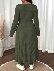 SHEIN LUNE Plus Size Women Solid Color Fuzzy Ribbed Minimalist Casual Autumn/Winter Top And Slim Fit Pants Set - Army Green - View 2