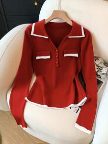 SHEIN Franclia 2025 New Design V-Neck Long Sleeve Knit Sweater For Women, Autumn, Slim Fit