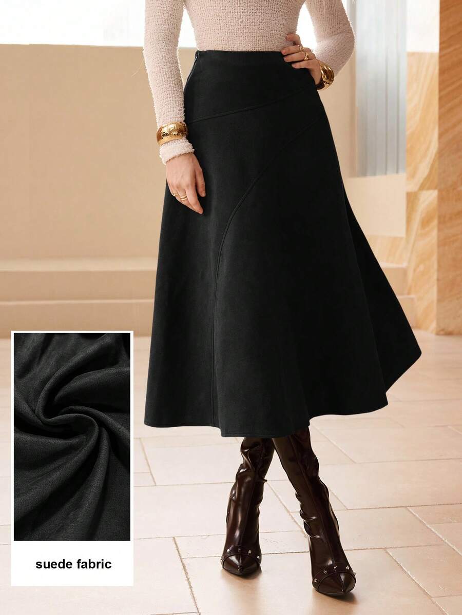 Modelyn 女式纯色仿麂皮喇叭优雅长裙