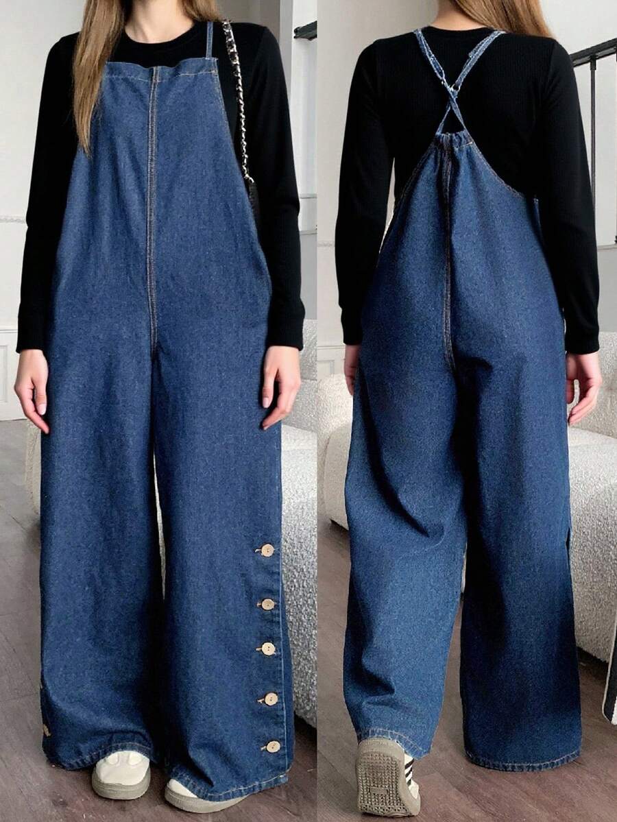 SHEIN 2025 新款亚麻休闲度假纯色百搭连体裤,适合少女,春夏季,修身青春,宽松版型,侧袋,露背,高腰阔腿裤,适合夏季家庭出游,商务休闲女士 - 中等水洗藍 - 查看 1