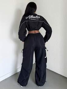Alexandranx Letter Patched Detail Contrast Piping Crop Black Fall Clothes Women Jacket - Black - View 2