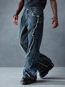 ROMWE MEN Street Life Herren Lässig Mode Straße Vintage Rohe Kante Weite Loose-Fit Jeans - Blau - Übersicht 2