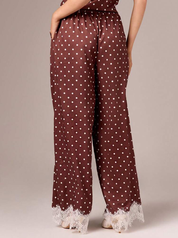 Polka Dot Wide Leg Pants With Lace Trim
