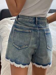 DAZY Women's Contrast Color Lace Patchwork Denim Shorts, Casual Summer Shorts Y2k Jorts - Medium Wash - View 5