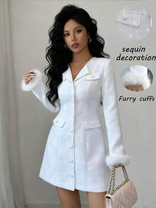 Elenzga Button Decor Long Sleeve Fuzzy Elegant Commuter Casual Faux Pocket Autumn/Winter Dress For Women