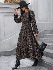 SHEIN LUNE Plus Size Women Floral Print Round Neck Lantern Sleeve Casual Dress