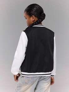 Tween Girl Colorblock Letter Print Drop Shoulder Long Sleeve Baseball Jacket, Autumn