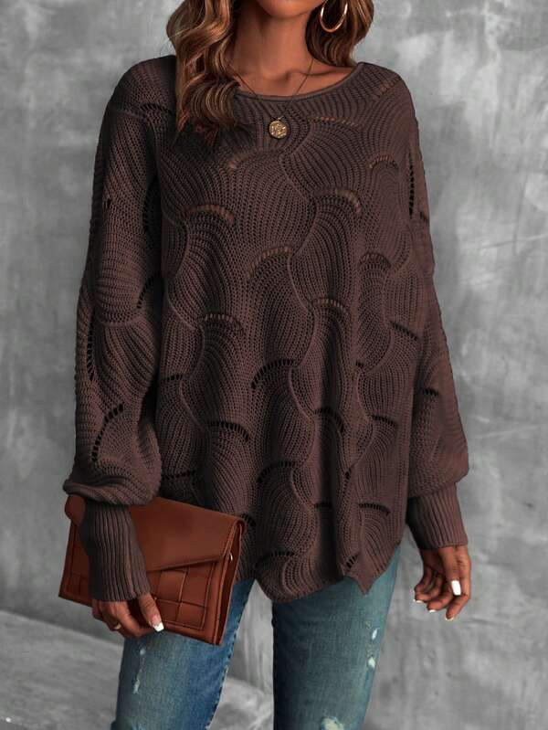 EMERY ROSE Lantern Sleeve Pointelle Knit Sweater,Long Sleeve Tops Knit Pullover Fall Winter Outfit