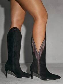CUCCOO SZL Women's Pointed Toe Chunky Heel Suede Western Boots With Fringe, Slim Fit Tall Boots - Black - View 5
