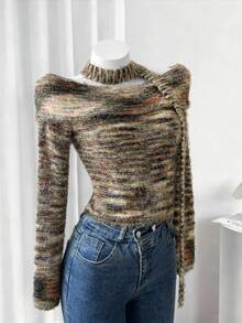 Franclia Women's Chic Olive Green Autumn Off-The-Shoulder Knitted Slim-Fit Pullover Sweater With Scarf,Elegant Night Out Fashionable Top - Multicolor - View 3