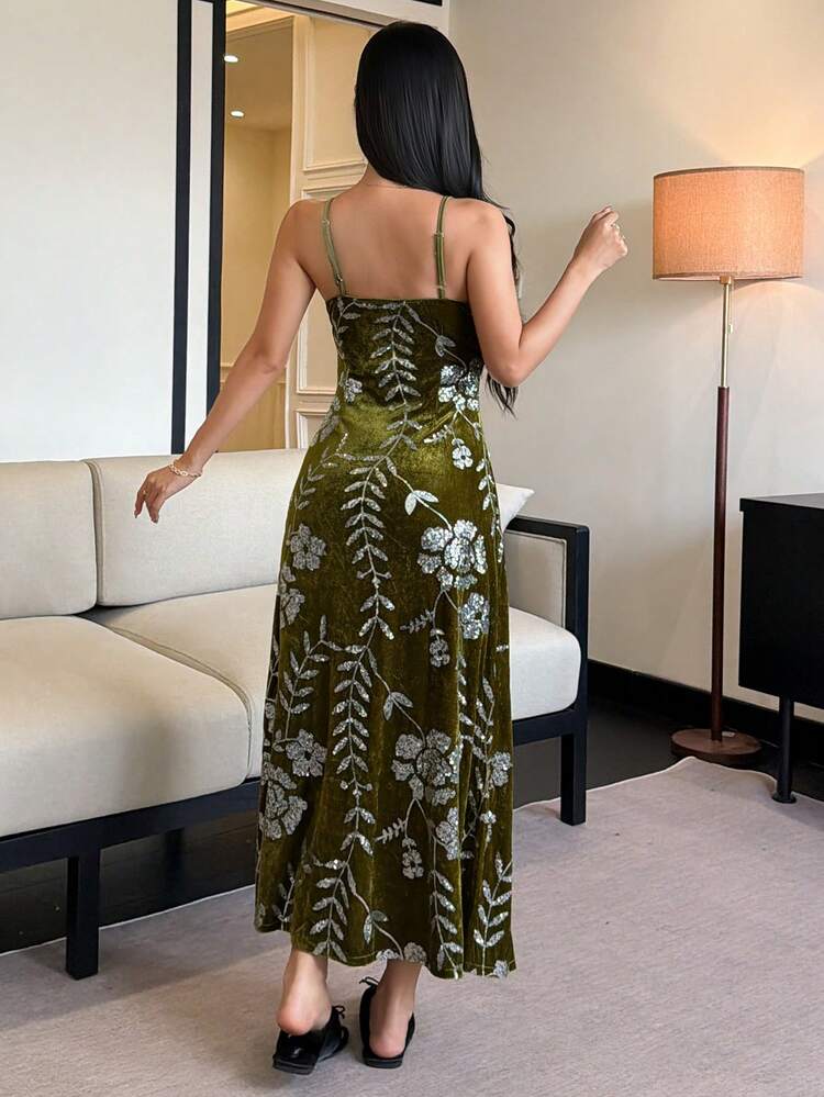 Charming Velvet Sequin Floral Pattern Waist-Cinched Long Slip Dress For Women Pajama