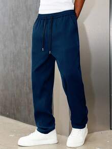 Manfinity Roghcode Men's Navy Blue Autumn Casual City Break Solid Color Sweatpants,Drawstring Loose Straight Leg Pants,Baggy Pro Club Jeans,Straight Leg Casual Pants - Navy Blue - View 5