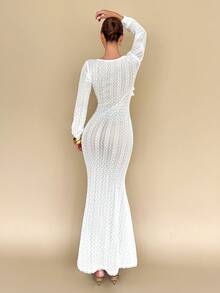 Chiquease Sexy Ruffled Hem Sheer Patchwork Long Sleeve Dress - White - View 2
