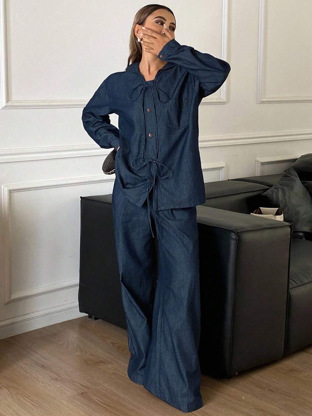 Women's Peter Pan Collar Tie-Up Loose Long Sleeve Denim Shirt And Straight Leg Jeans Casual Denim Set