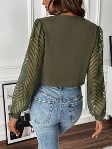 EMERY ROSE Solid Color Mesh Patchwork Criss-Cross Wrap Deep V-Neck Elegant Long Sleeve Bodysuit - Army Green - View 2