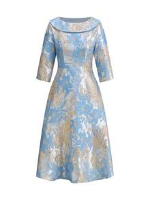 SHEIN Clasi 淺藍色女款優雅復古 60s 70s 圓領收腰紋理中長洋裝，復古秋季正式派對生日舞會禮服，婚禮母親裝 - 藍色 - 查看 10