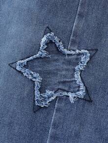 SHEIN 少女牛仔裤，秋冬新款，中蓝色水洗街头风，Y2K 星星刺绣阔腿舒适棉质牛仔裤，适合日常出行 - 中等水洗藍 - 查看 8