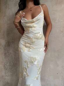 Sunnyshic 女士淡黄色香槟色深 V 领长款修身鱼尾裙，奢华刺绣优雅，适合婚礼、派对、度假、约会、秋季 - 淡黃色 - 查看 7