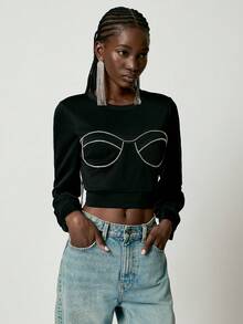 Aveloria GENKIRA Solid Color Short Sleeve Rhinestone Chain Split Casual Women Sweatshirt - Black - View 7
