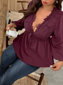 EMERY ROSE Plus Size Solid Color Lace Patchwork Deep V-Neck Twist Front Long Sleeve Blouse - Burgundy - View 6