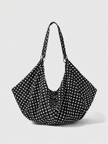 ROMWE Anime Vintage minimalistischer schwarz-weißer Polka Dot Damen Schultertasche mit großer Kapazität, lässige Shopper Tasche, geeignet für tägliche Pendler, Reisen usw. - Schwarz - Übersicht 2