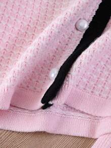 SHEIN 2 peças/Conjunto Cardigan de Tricô Rosa Pastel com Laço Preto & Saia Plissada, Roupa Macia e Confortável de Volta às Aulas de Outono para Meninas Jovens, Festa e Creche - Rosa Bebê - Visão 15
