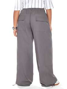 Solavibe Plus Size Women's Solid Color Tie Waist Wide Leg Loose Casual Pants,Drawstring Waist Flap Pocket Cargo  Pants,Autumn/Winter, - Dark Grey - View 3