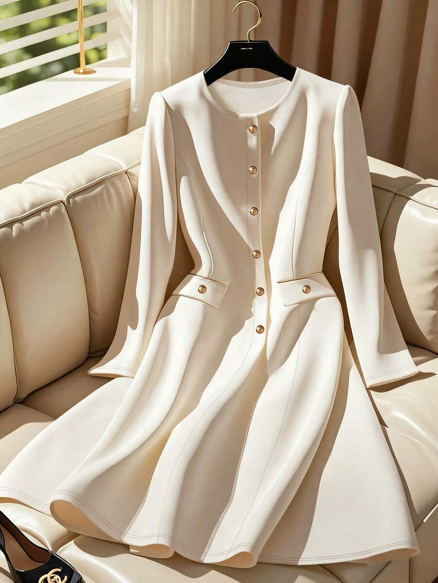 Franclia 女士优雅法式时尚修身中长连衣裙，女士长款派对连衣裙，女士秋季连衣裙 - 米色 - 查看 1