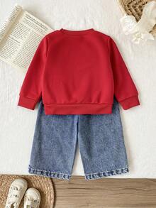 SHEIN 2pcs/Set 6Months-3Years Baby Girl Red Autumn Cute Modest Matching Family Outfits,Bowknot Long Sleeves Top&Letter Embroidery Loose Jeans Korean Suit - Red - View 2
