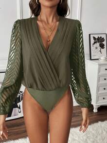 EMERY ROSE Solid Color Mesh Patchwork Criss-Cross Wrap Deep V-Neck Elegant Long Sleeve Bodysuit - Army Green - View 6