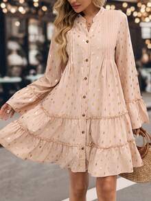 EMERY ROSE Women's Casual Vacation Foil Flare Sleeve Button Front Mid-Length Dress - Khaki - View 5