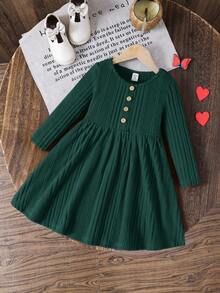 Emery Rose Kids Emery Rose Kids 女童純色長袖羅紋連身裙，前襟鈕扣設計，適合秋冬穿著 - 綠色 - 查看 6