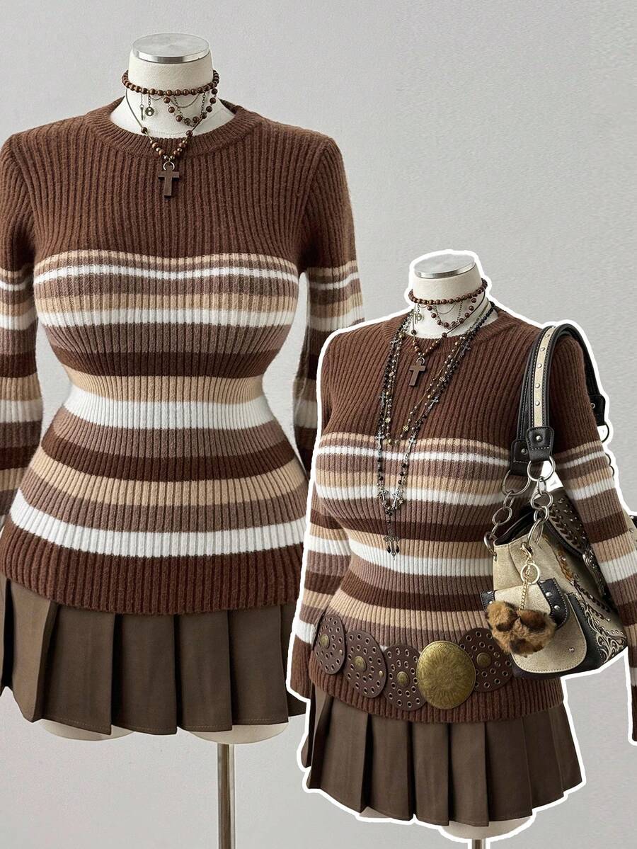 Sunspun Damen Lässig Crew Neck gestreifter Kontrast Farbe Langarm Slim Fit Pullover Sweater - Verschiedenfarbig - Übersicht 1