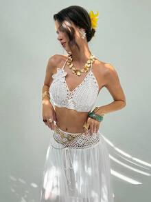 Women's 2-Piece Set: Sleeveless Knit Top With 3D Flowers + Halter Crochet Chiffon Skirt, Tropical Bohemian Design, Ideal For Summer, Beach, Vacation, Autumn And Winter - 白色的 - 查看 4