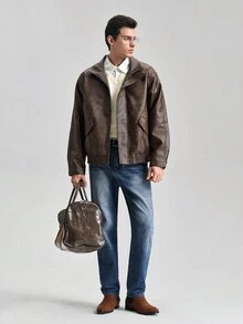 Officeau Men's Old Money Men Zipper Leather Jacket - Coffee Brown - View 1