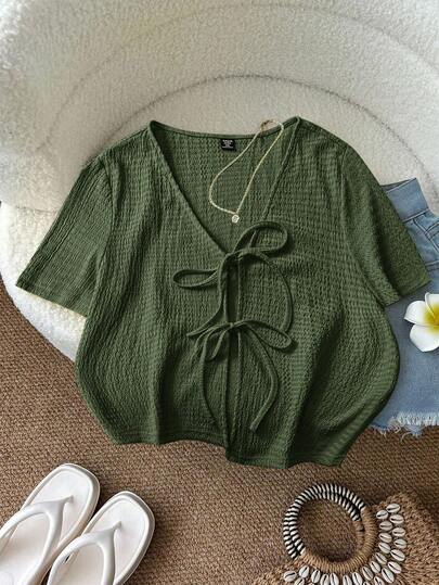 SHEIN LUNE 大码女式夏季休闲纯色抽绳上衣