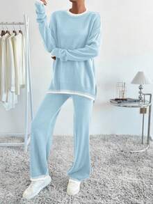 SHEIN LUNE Women's Contrast Trim Round Neck Long Sleeve Top And Pants Knit 2 Pieces Set - Multicolor - View 5