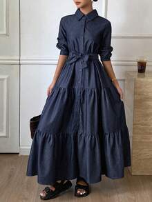 DAZY 女式长款休闲牛仔蛋糕裙连衣裙 - 中等水洗藍 - 查看 4